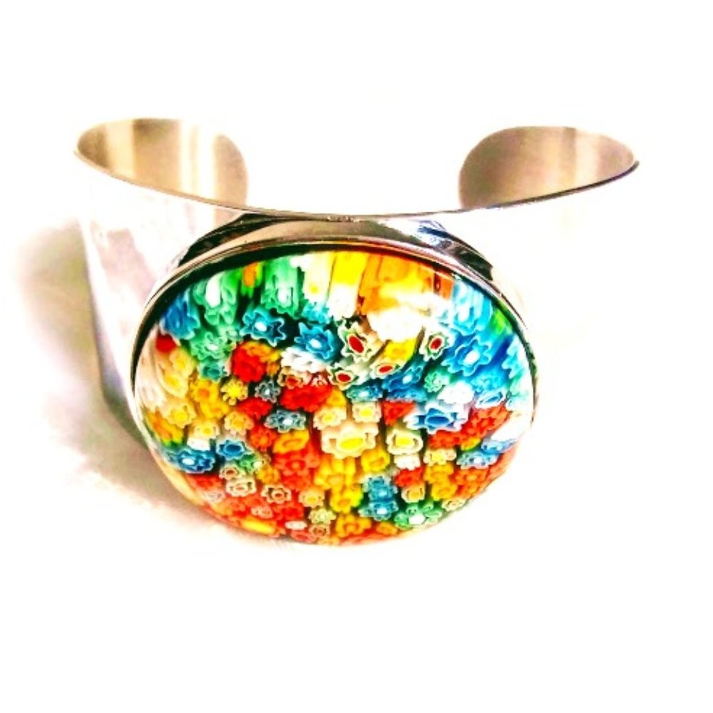 MILLEFIORI GLASS*CUFF STYLE BRACELET*T316L STEEL*BOHEMIAN
